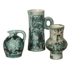 Group of Three Aqua/Gray Glazed Sgraffito Vases by Jacques Blin