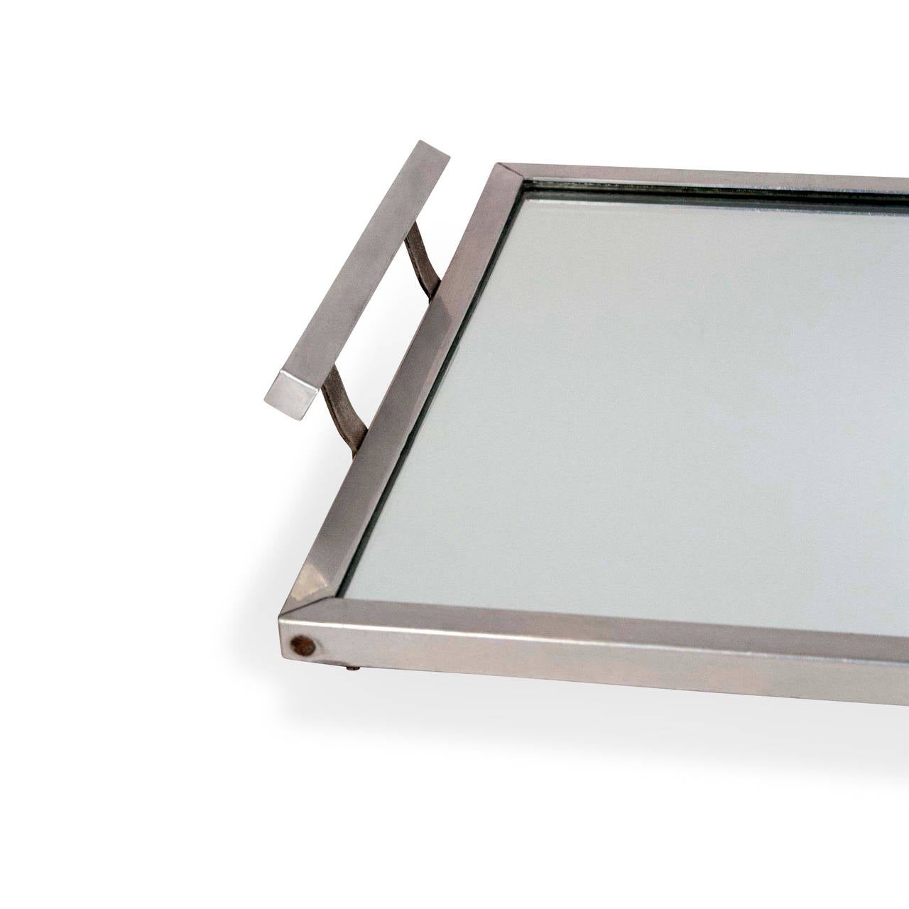 Aluminium frame serving tray with mirror surface, with wood underside backing, French 1930s. 25 1/4 in x 14 1/2 in. (Item #1746)