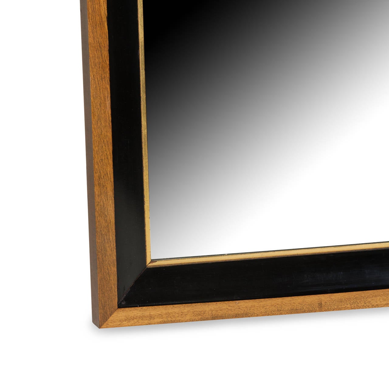 Mahogany and ebonized rectangular frame mirror, outer mahogany border with ebonized curved well, giltwood detail surrounding mirrored glass, American, 1960s. Measures: Height 27 in, width 23 in and depth 1 3/4 in. (Item #2308 sats)

Note: Minor