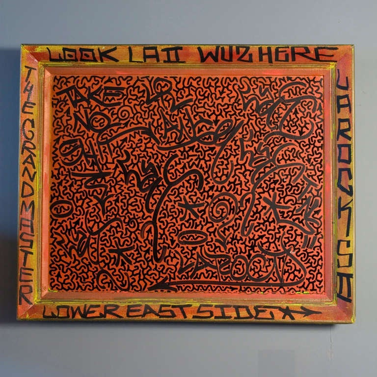 Acrylic on canvas, Untitled (Take No Shit). Signed and tagged throughout. By LA II (Angel Ortiz), (b. 1967), American, 1980s. 29 1/2 in x 35 3/4 in (with frame). (Item #1252)