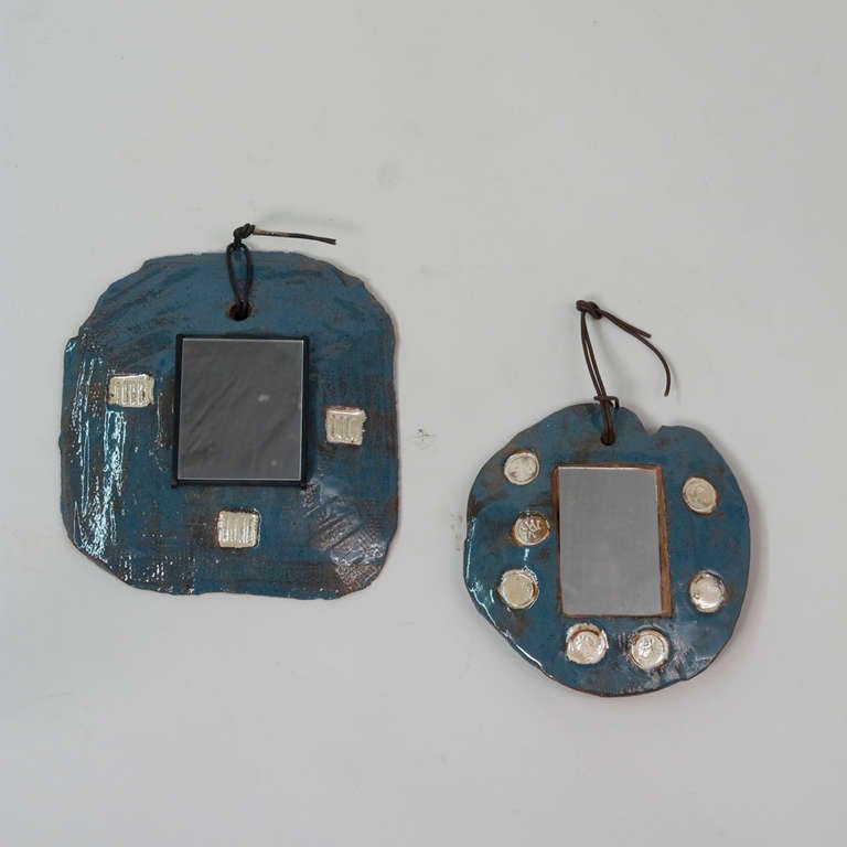 Blue Glazed Ceramic Mirrors by Juliette Derel, Set of Two