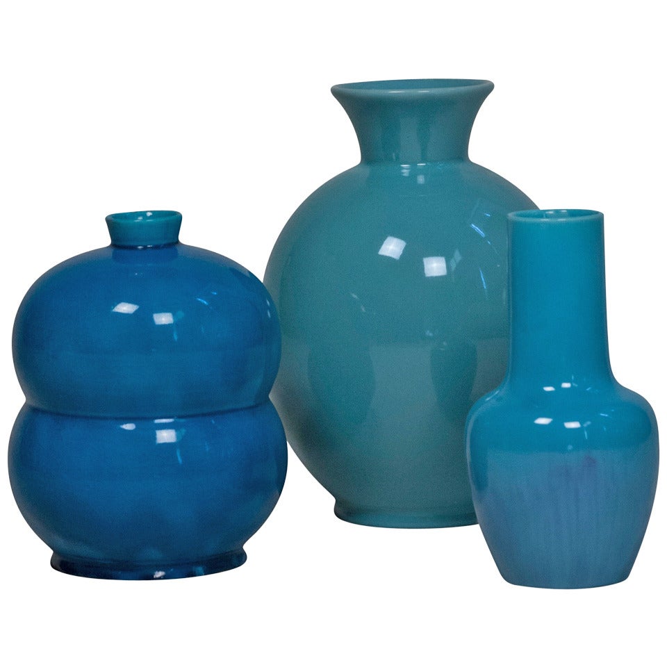 Three Blue Ceramic Vases