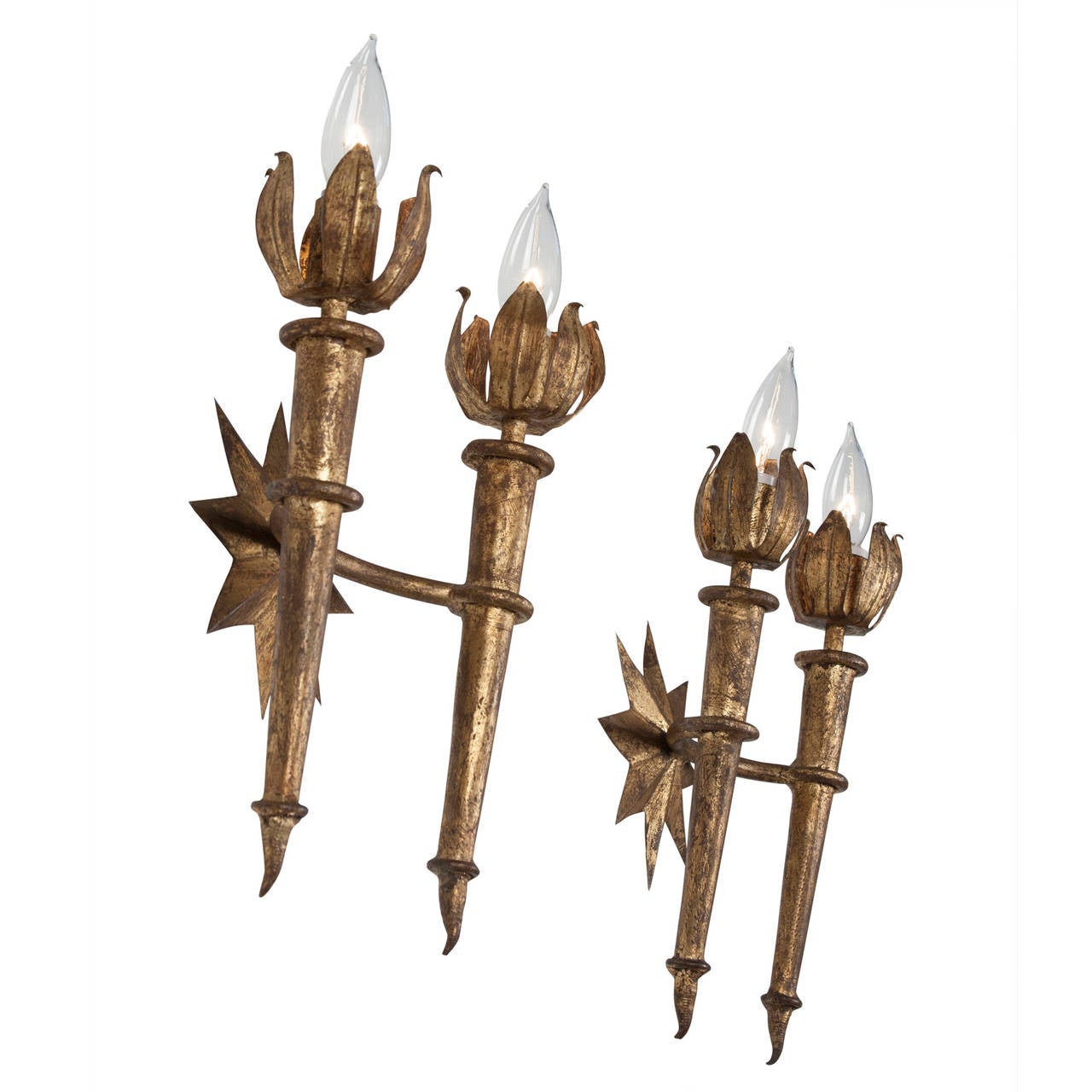 Gilt Pair of Poillerat Style Wall Sconces, French, 1940s
