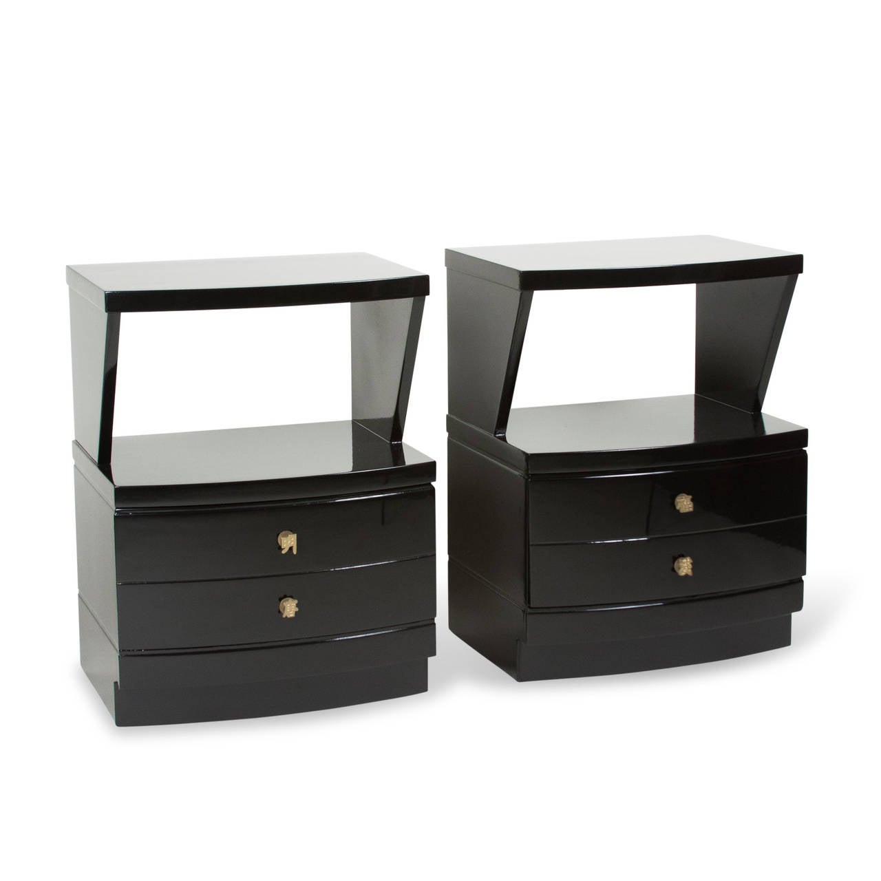 Pair of black lacquered walnut single drawer end tables, deep single drawer beneath an open storage space, bow front, with bronze Chinese character drawer pulls, American 1970s. Width 20 in, depth 16 in, height 27 in.