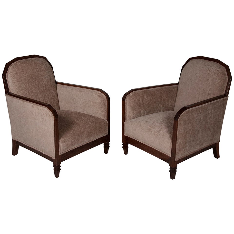 Pair of Walnut Angled Frame Armchairs