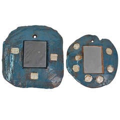 Blue Glazed Ceramic Mirrors by Juliette Derel, Set of Two