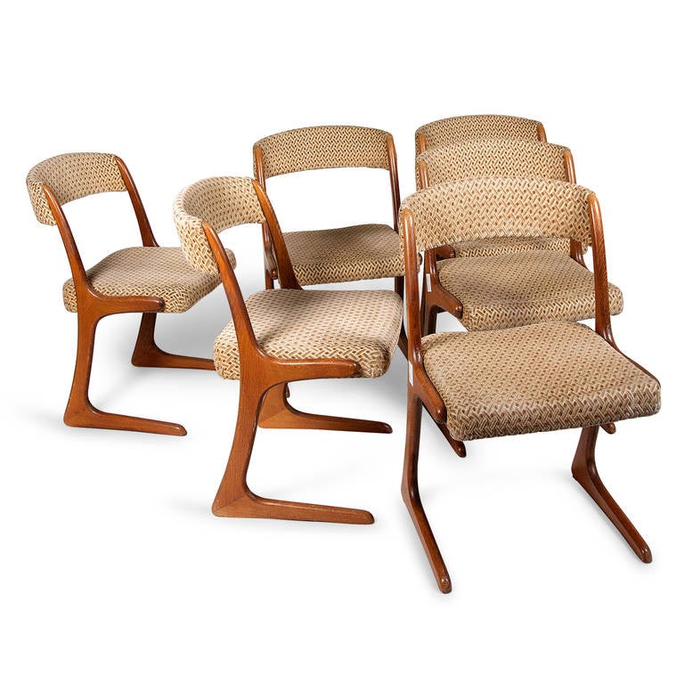 Set of six walnut dining chairs, French 1960s. Back height 32 in, seat height 18 in, width 19 1/2 in, depth 20 in. (Item #1940)
Price for the set of six.