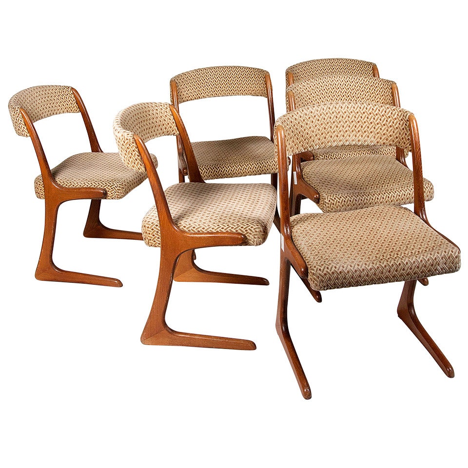 Set of Six French Modern Walnut Dining Chairs
