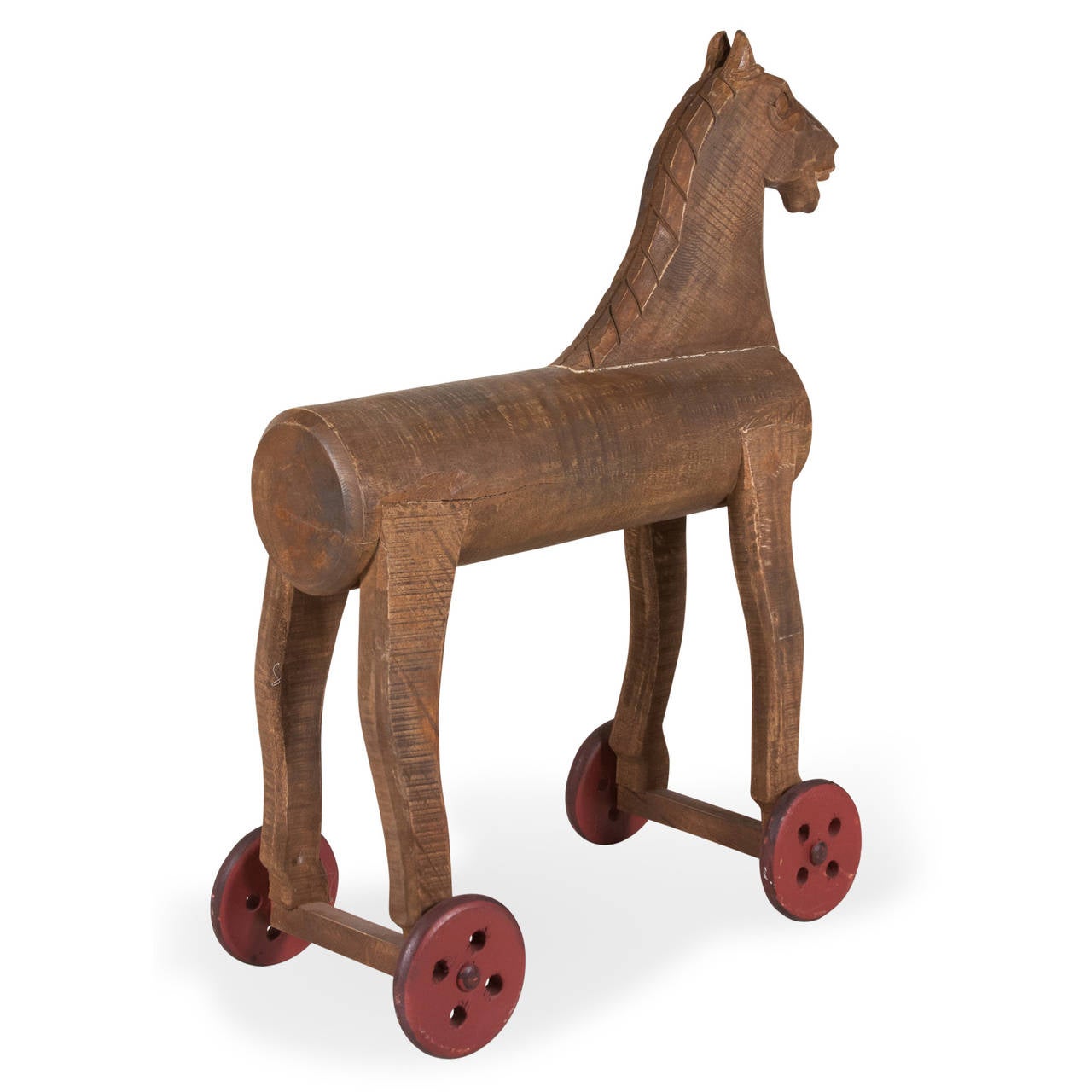 Wooden figure of a horse, natural colored wood body with red painted wheels as feet. Wheels do not turn. American, 1st half 20th century. Length 24 in, width 10 in, height 30 in. (Item #2270)