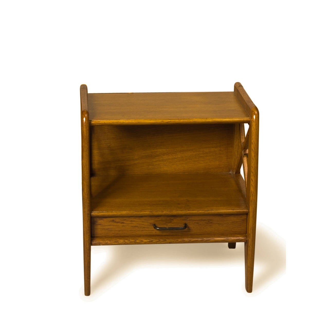 Pair of single drawer oak end tables, croisillon sides with lower drawer forming shelf, gently tapering legs, by Jacques Adnet, French 1950s. Height 21 1/2 in, top surface height 20 1/2 in, lower shelf height 10 in, width 19 1/2 in, depth 12 in.