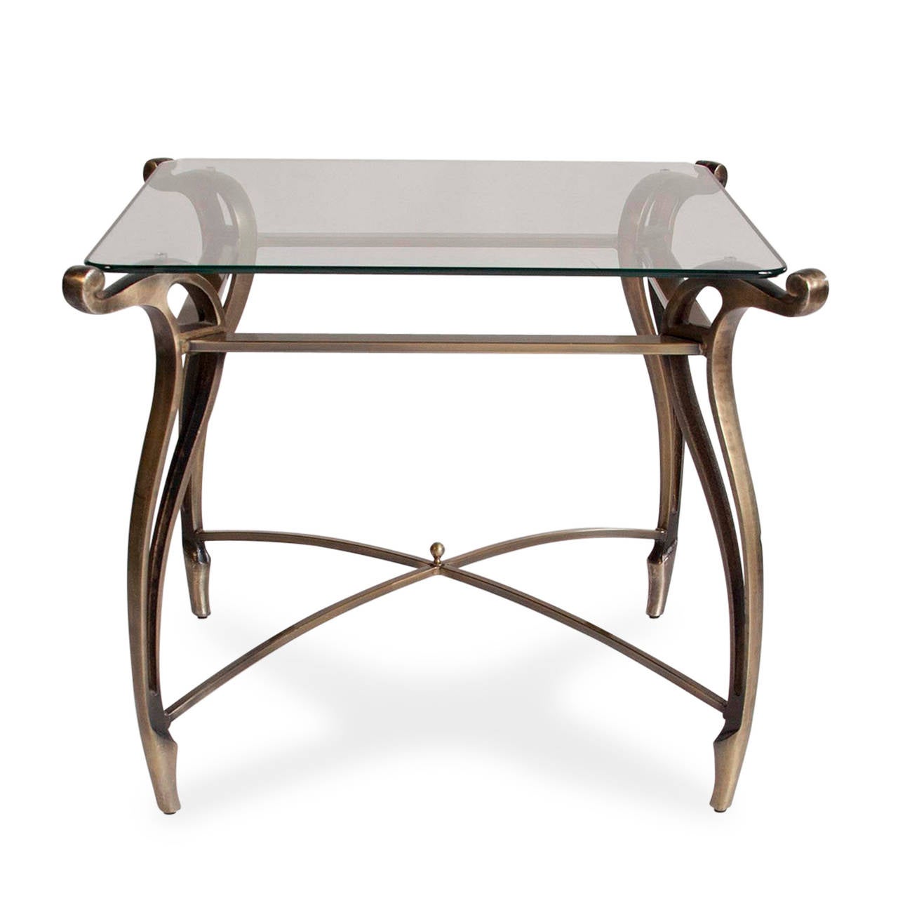 Bronze and glass top square occasional table, the legs elegantly curving outward and terminating at the top in a scroll form, the glass inset from the edge, X-stretcher with ball element at cross, American circa 1980. 30 1/4 square from outside