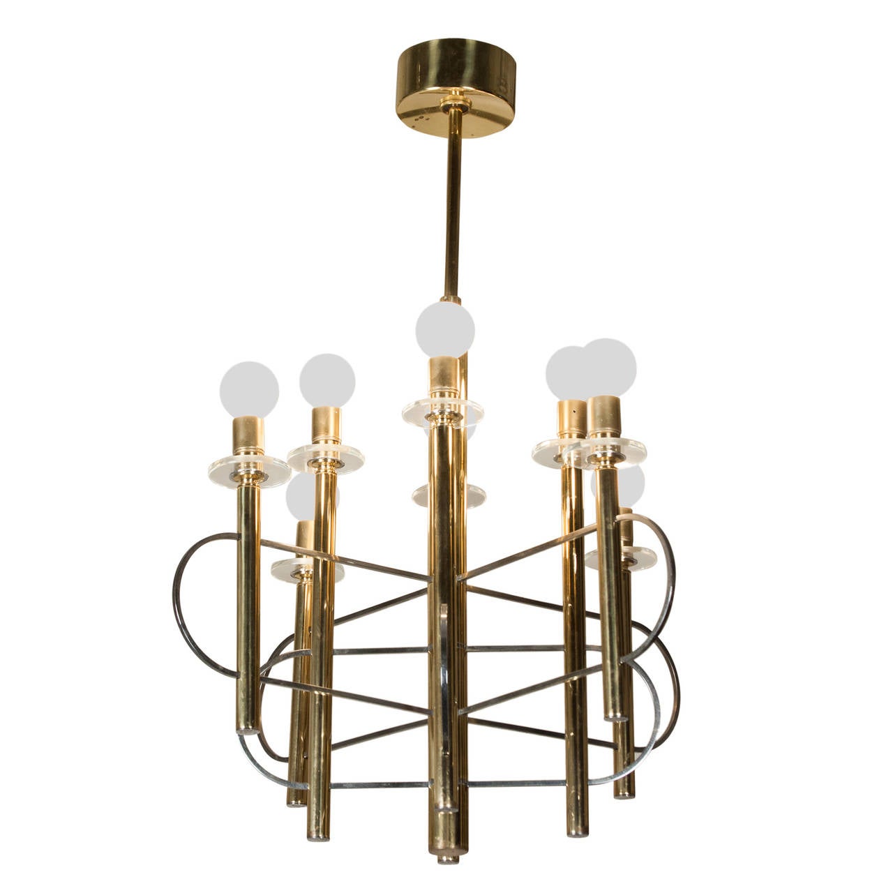 Chrome, brass and lucite eight light chandelier, eight brass posts connected by looping chrome elements, with lucite bobeches, by Gaetoano Sciolari, Italian, 1960s. Diameter of fixture 23 in, overall height 29 1/2 in, height to top of bulbs 18 in.