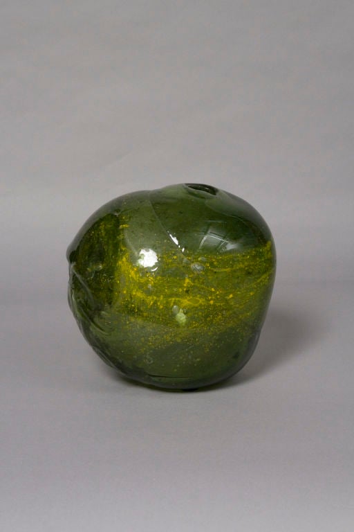 Green biomorphous glass vase, with multicolored inclusions and texturing, by Fritz Dreisbach, American late 1960s. Etched signature to underside. Dreisbach was one of the founding members of the American Studio Glass movement. Height 7 1/4 in, 7 1/2