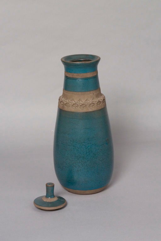 Lidded Tall Blue Ceramic Vase by Aldo Londi for Bitossi at 1stdibs
