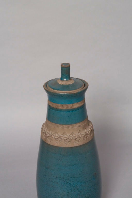Lidded Tall Blue Ceramic Vase by Aldo Londi for Bitossi at 1stdibs