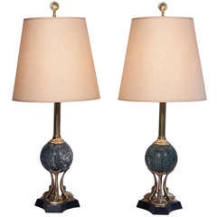 Green Marble Table Lamps, Pair