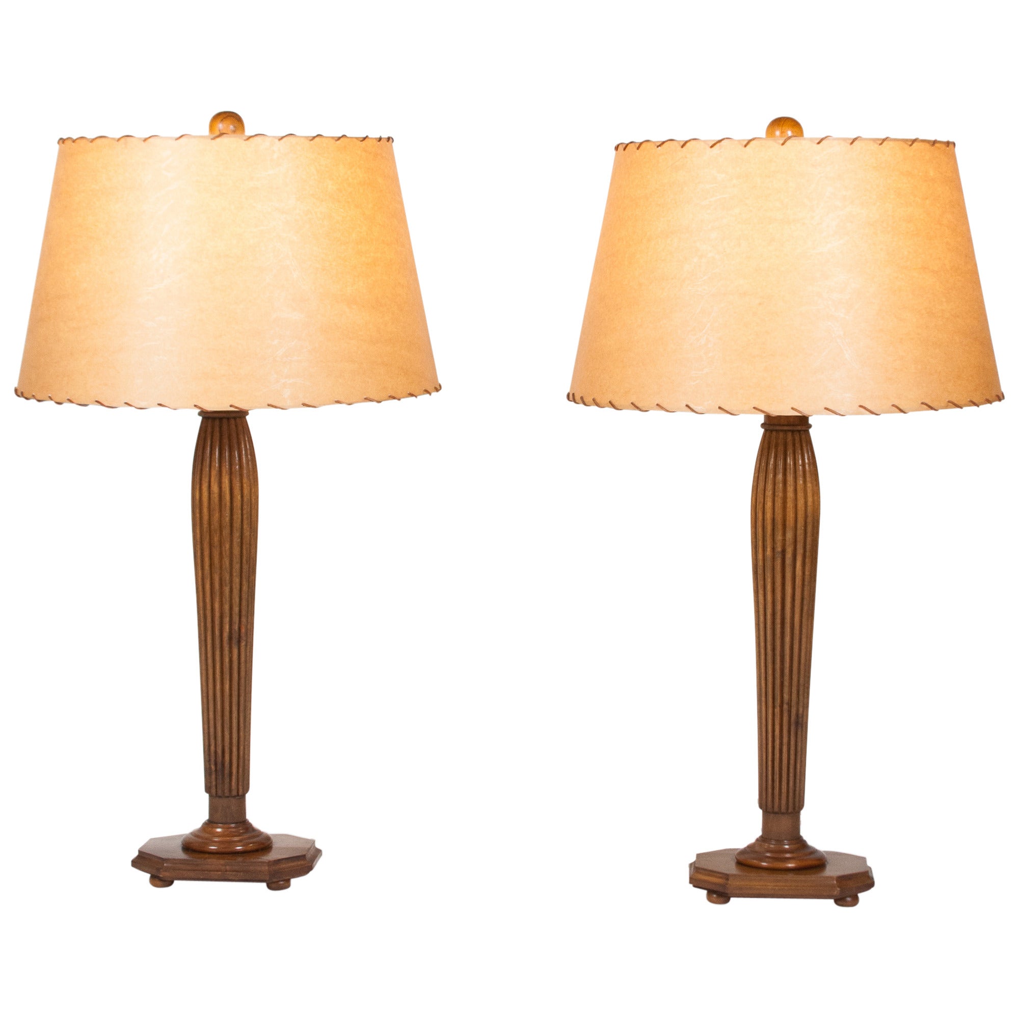 Italian Fluted Column Fruitwood Table Lamps, Pair For Sale