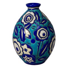 Antique Blue and White Flower Decorated Vase by Keramis