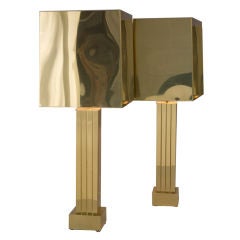 Pair of Square Brass Shade Column Lamps by C. Jere