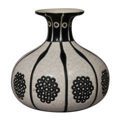 White Crackle Glaze Ceramic Vase With Black Decoration by Longwy