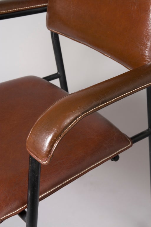Iron Burgundy Leather Upholstered Desk Chair by Jacques Adnet