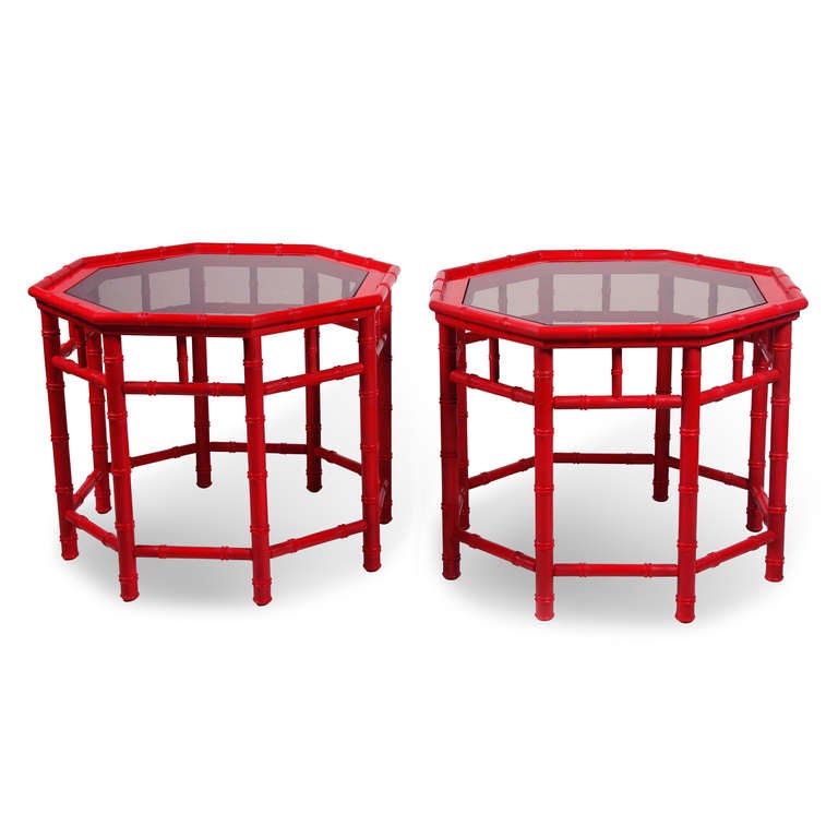 Red Lacquered Octogonal Side Tables, Pair