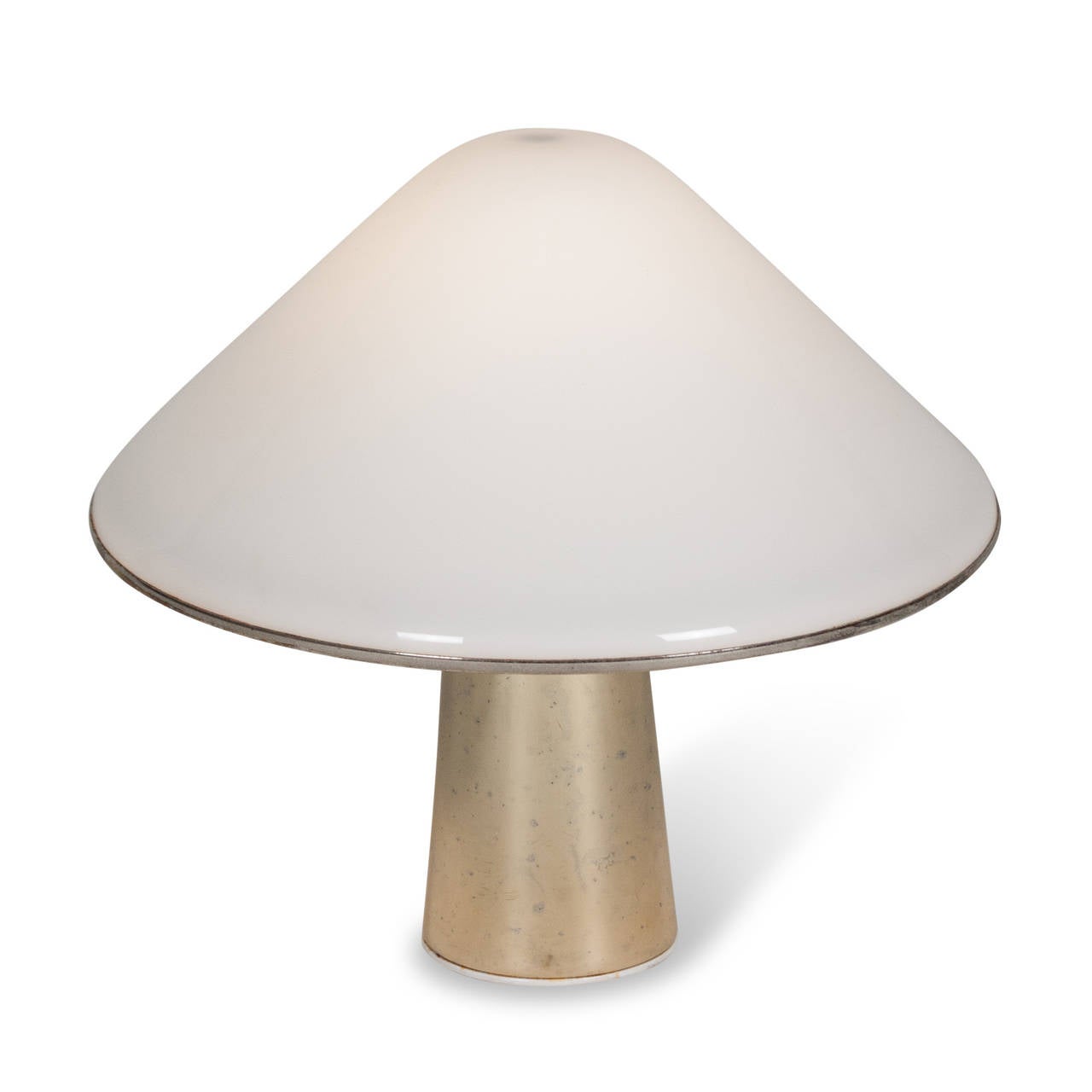 Frosted plexi cone shaped lamp, on slightly tapered lacquered gold tinted metal column base. By Guzzini, Italian, 1970s. Overall height 12 in, diameter of shade 11 1/2 in. (Item #2352)