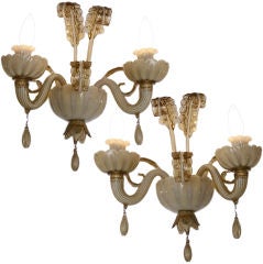 Pair of Opal, Gold and Clear Glass Two Arm Sconces by Veronese