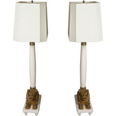 Pair of Lacquered and Gilt Lion Form and Column Table Lamps