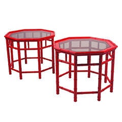 Red Lacquered Octogonal Side Tables, Pair