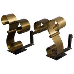 Vintage Pair of Bronze Scroll Andirons