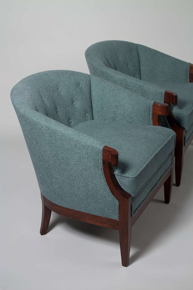Curved Arm Upholstered Armchairs by Baker In Excellent Condition In Brooklyn, NY
