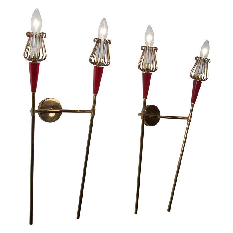 Pair of Red Celluloid and Brass Sconces