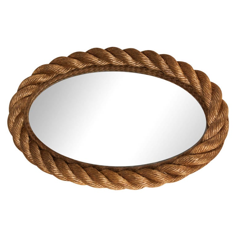 Braided rope frame oval mirror, having original brass hook ring on back for mounting, by Audoux et Minet, French 1950s. 16 in x 9 3/4 in. (Item #2159 sats)