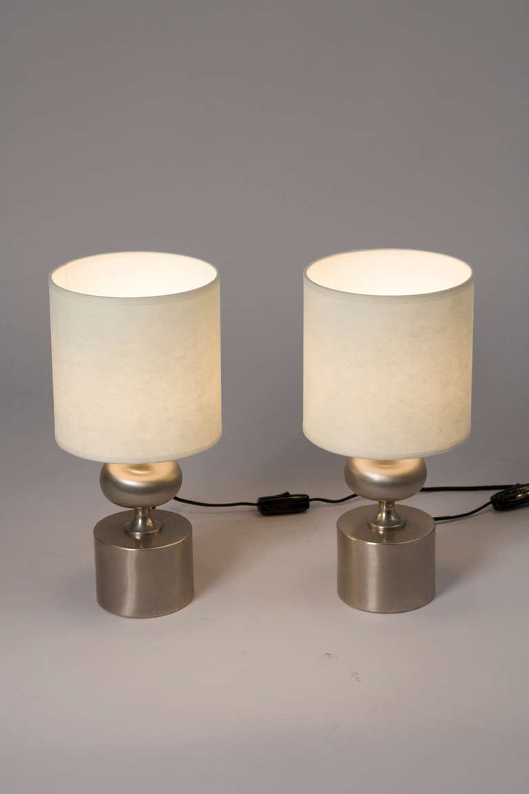 Late 20th Century Pair of Brushed Stainless Steel Lamps by Barbier