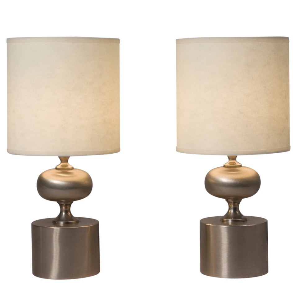 Pair of Brushed Stainless Steel Lamps by Barbier