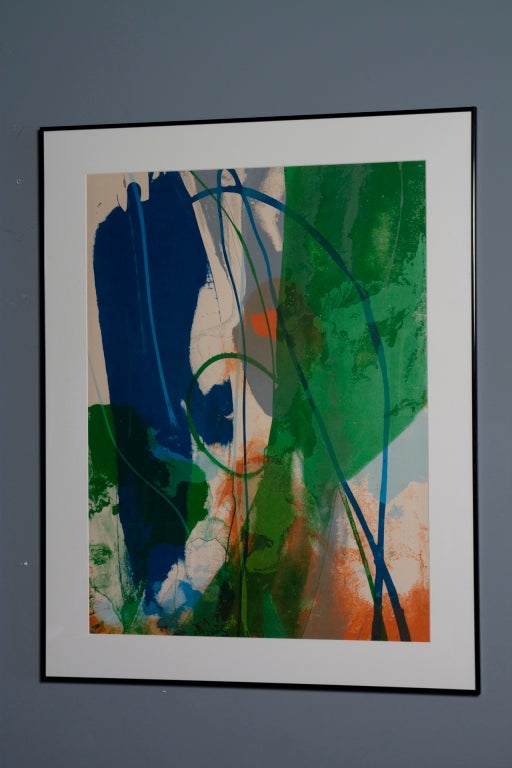 Abstract lithograph in multiple colors: red, blue, green yellow. Untitled. By Paul Jenkins, American (b.1923). This work from 1971. Signed, dated and numbered in pencil by the artist. Limited edition, number 76/100. Image dimensions 29 in x 22 in.