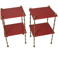 Pair of Red Lacquered Occasional Tables with Faux Bamboo Legs