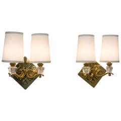 Crosshatch Bronze and Crystal Sconces, Pair