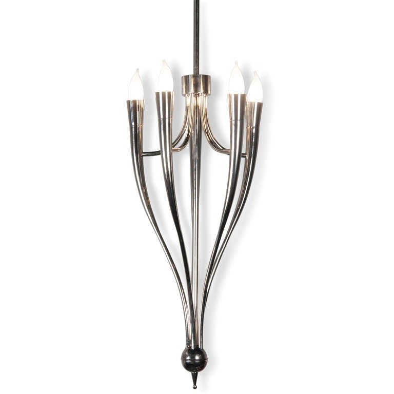 Elegant six arm polished nickel bronze chandelier, the six arms swooping gracefully up in a S-form, joined at bottom by a decorative spherical element, and at the top by an arch to the center column, in the style of Guglielmo Ulrich, Italian, circa