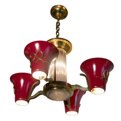 Red Lacquered, Brass and Glass Rod Chandelier by Petitot
