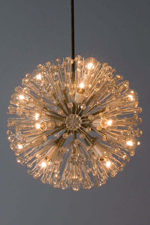 Starburst spherical form enameled metal and crystal chandelier, the sockets with flower form decoration on the sockets and on the rod. By Emil Stejnar for Nikoll, Austrian 1960s. Diameter 17 1/2 in, overall height 30 in. Overall height can be