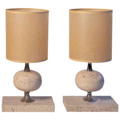 1970s French Travertine Table Lamps