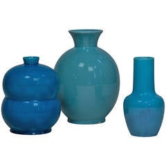 Three Blue Ceramic Vases