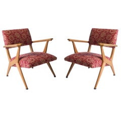 Pair of Mollino Style Italian Fruitwood Open Armchairs