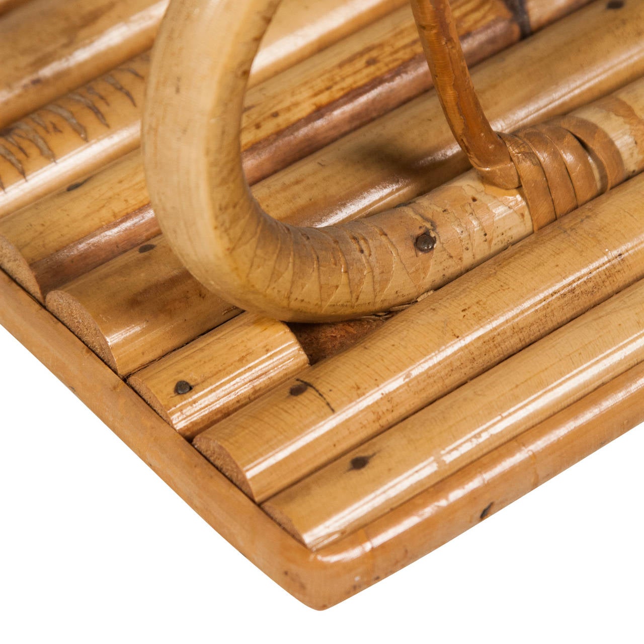 Bamboo and cane coat rack, two hooks, wall-mounted, French, 1950s. Measures: 6 in x 11 1/2 in.