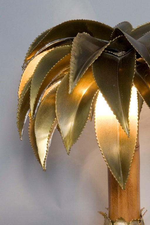 French Palm Tree Form Bamboo and Brass Table Lamp by Maison Jansen