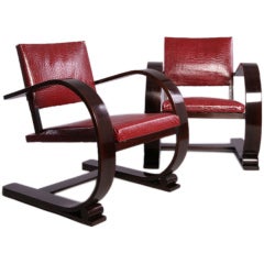 Pair of Faux Crocodile Cantilevered Armchairs by Audoux et Minet