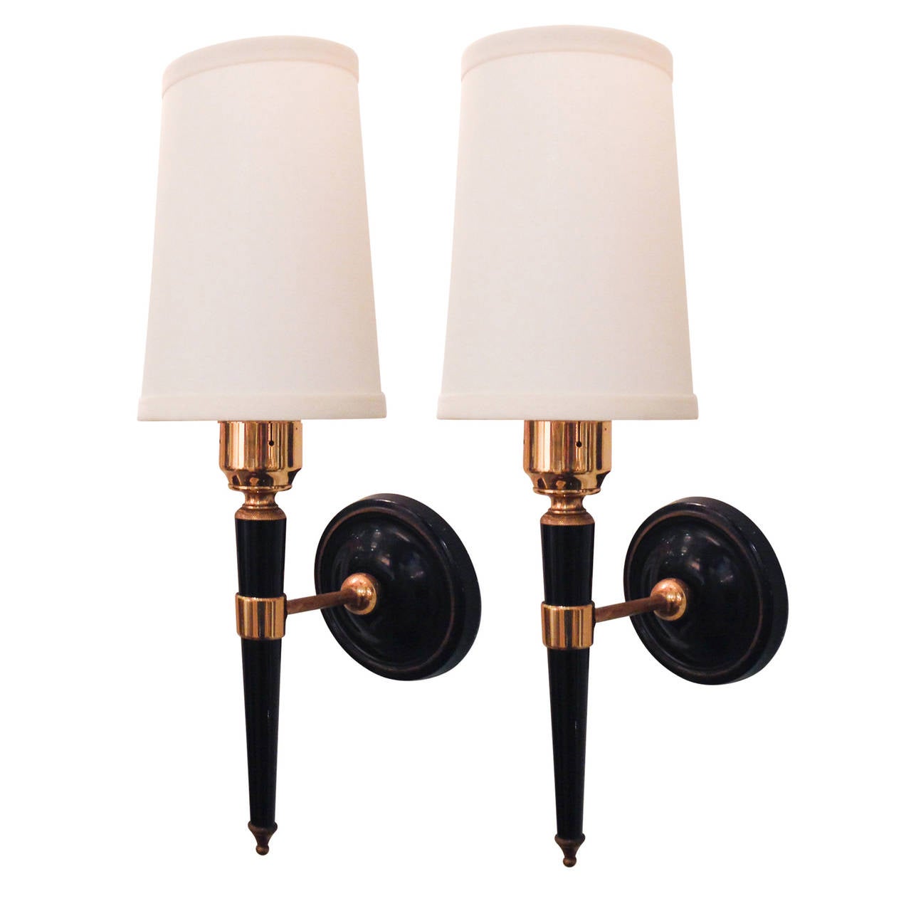 Mid-20th Century Pair of Black and Brass Post Sconces
