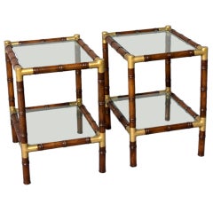 Pair of Faux Bamboo Two Tier End Tables with Bronze Fittings